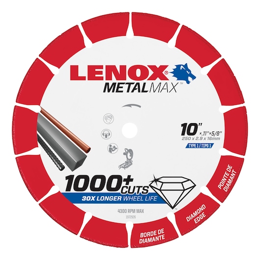 LENOX METALMAX 10-inch diamond edge cutting wheel, red and white, front angle, SKU 1972926, power tool accessory.