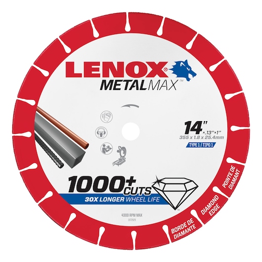 LENOX 1972929 14-inch diamond edge metal cutting wheel, red and white, front angle on white background.