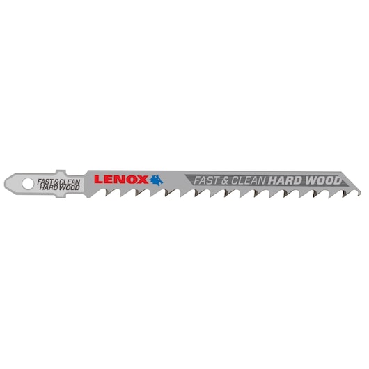 LENOX 1990703 silver hardwood jigsaw blade with sharp teeth, product photography, side angle.