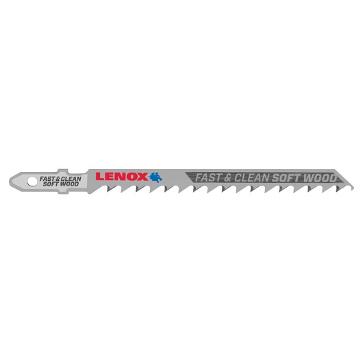 Photo of LENOX 1990848 gray jigsaw blade for soft wood, angled view on white background, with sharp teeth and brand logo.