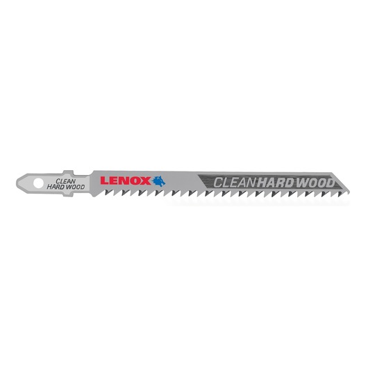 LENOX 1990962 clean hardwood jigsaw blade, silver with sharp teeth, side view on white background.