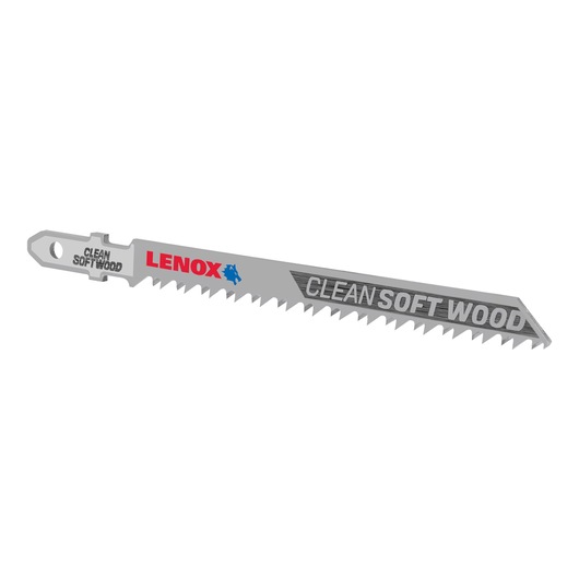 LENOX 1990965 saw blade for clean soft wood, silver with sharp teeth, side view on white background.