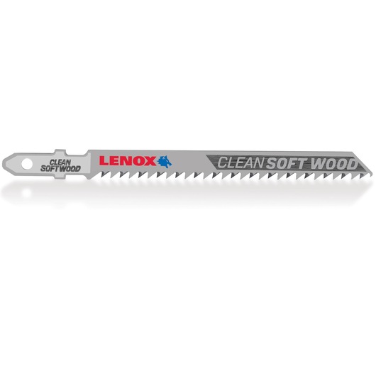 Photo of LENOX 1991381 clean soft wood jigsaw blade, straight angle, silver color, large sharp teeth.