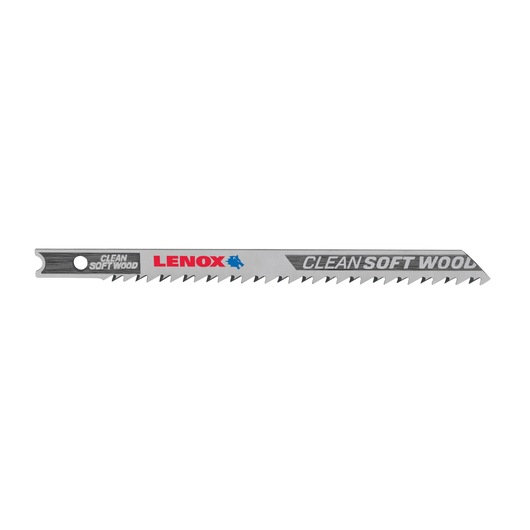 LENOX 1991382 jigsaw blade for clean soft wood, silver blade with angled teeth on white background, side view.