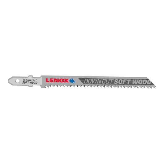 Photo of LENOX 1991386 downcut soft wood jigsaw blade, silver color, side view on white background.