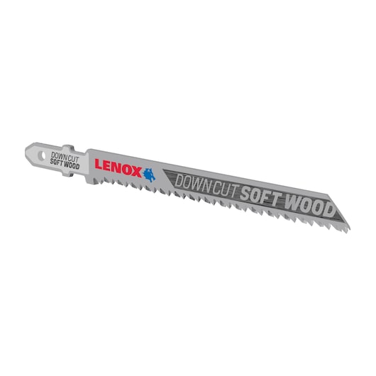 Photo of LENOX 1991387 downcut soft wood jigsaw blade, silver with sharp teeth, side angle on white background.