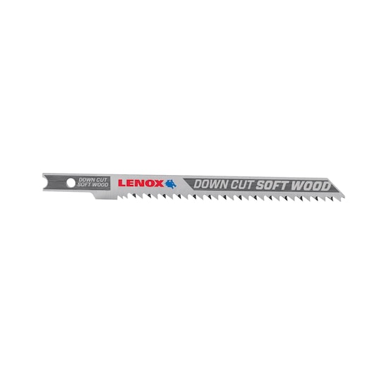 LENOX 1991389 jigsaw blade for down cut soft wood, silver blade with angled teeth, product side view on white background.