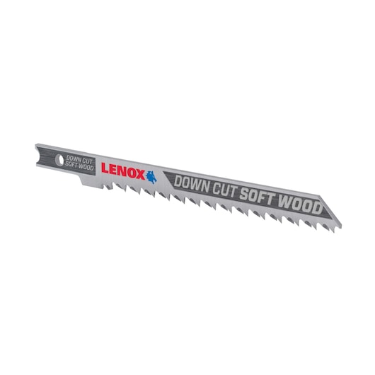 LENOX 1991389 jigsaw blade for down cut in soft wood, silver color, side angle on white background.