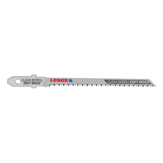 LENOX 1991402 jigsaw blade for clean scroll cutting in soft wood, silver finish, straight angle, product photography.