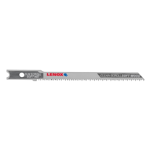 Photo of LENOX 1991404 clean scroll soft wood jigsaw blade, straight view on white background.