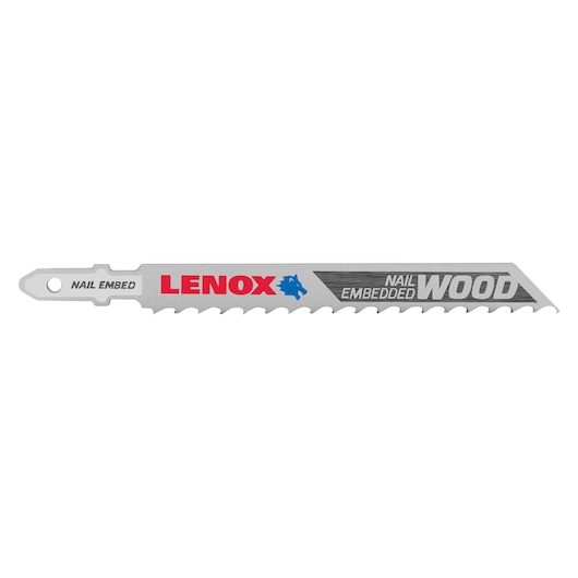 LENOX 1991406 nail embedded wood jigsaw blade, silver metal with sharp teeth, side angle on white background.