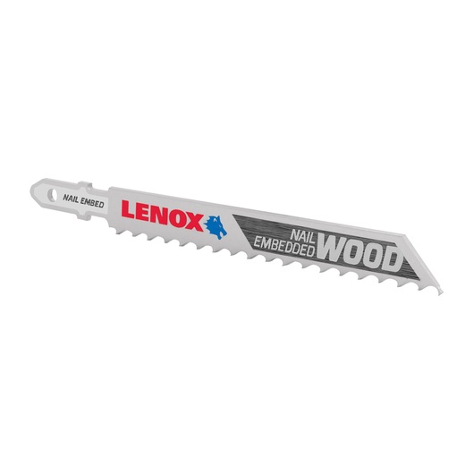 Photo of LENOX 1991408 reciprocating saw blade for nail embedded wood, angled on white background.