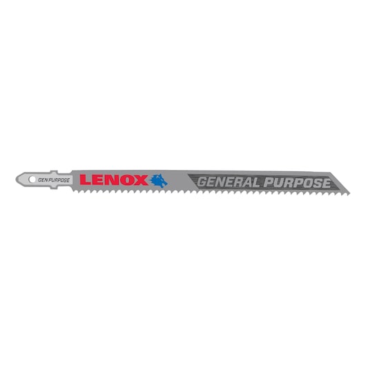 LENOX 1991475 general purpose reciprocating saw blade, silver with bold branding, side angle photo.