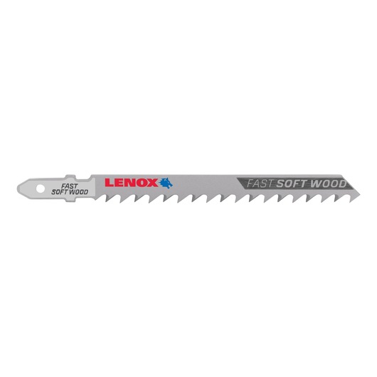 Photo of LENOX 1991494 silver jigsaw blade for soft wood, side angle on white background showing sharp teeth.