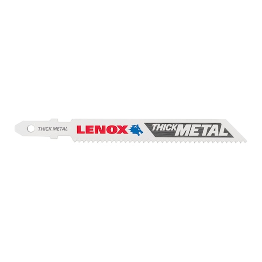 LENOX 1991559 thick metal reciprocating saw blade, white with red and black branding, side angle.