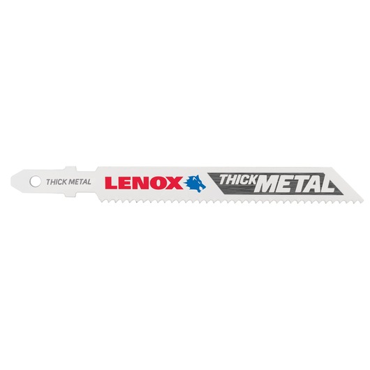 Photo of LENOX 1991560 thick metal reciprocating saw blade, white finish, side angle.