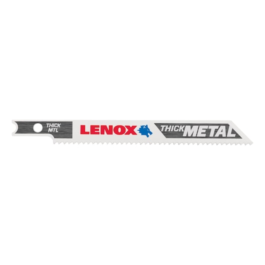 Photo of LENOX 1991563 thick metal reciprocating saw blade, white with red and blue branding, side view.
