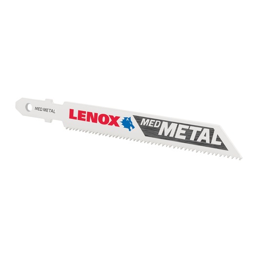 LENOX 1991566 medium metal reciprocating saw blade, white with black and red text, product side angle on white.