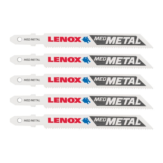 LENOX 1991566 set of five medium metal jigsaw blades in white, side view on white background.