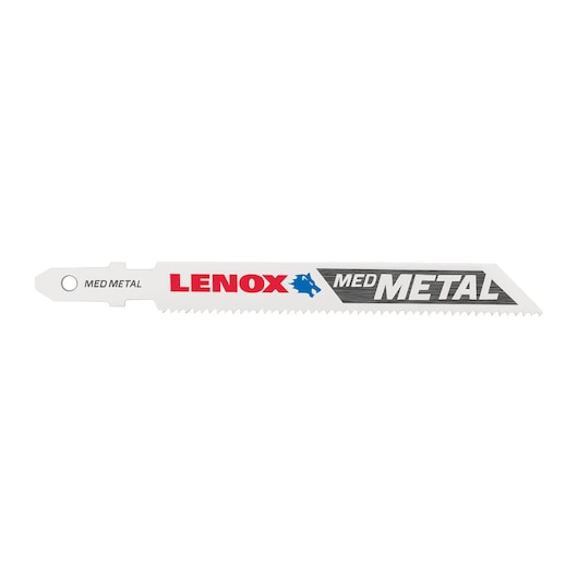 Photo of LENOX 1991567 medium metal reciprocating saw blade, white with sharp teeth, side angle on white background.