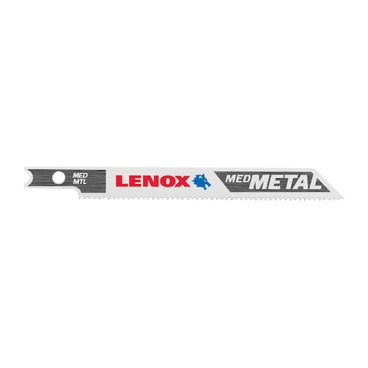 LENOX 1991568 medium metal reciprocating saw blade, silver with angled teeth, white background, side view.