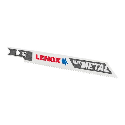 Photo of LENOX 1991569 medium metal reciprocating saw blade, white with red, blue, and black accents, side angle.