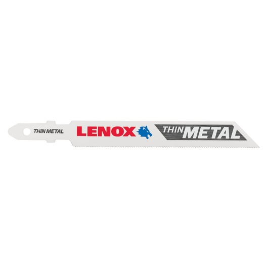 Photo of LENOX 1991572 thin metal reciprocating saw blade, white color, straight angle, visible teeth and branding.