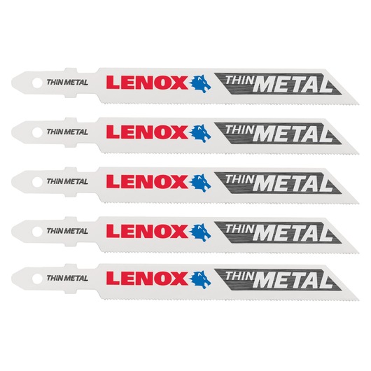 Photo of five LENOX thin metal jigsaw blades, SKU 1991572, side view on a white background.