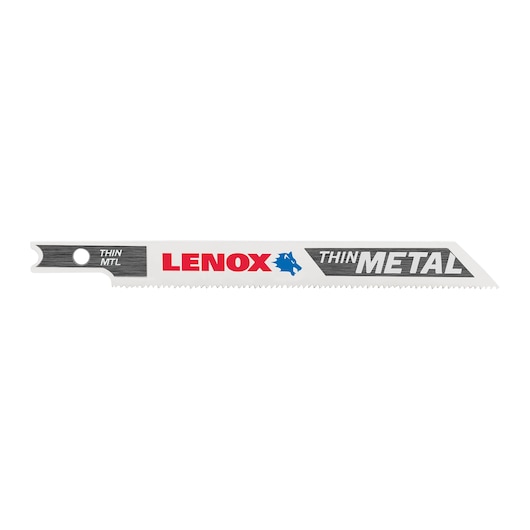 Photo of LENOX 1991574 thin metal reciprocating saw blade, silver with red and blue branding, side view, white background.