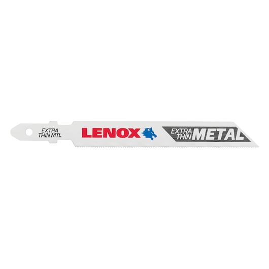 LENOX 1991577 extra thin metal reciprocating saw blade, white with red and blue logo, side view on white background.
