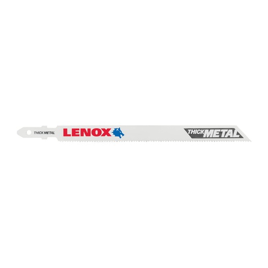 LENOX 1991580 thick metal reciprocating saw blade, white blade with red brand logo, side view, on white background.