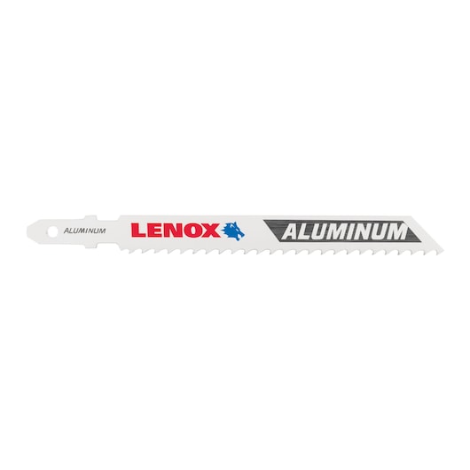 Photo of LENOX aluminum reciprocating saw blade, SKU 1991592, white blade with sharp teeth, side angle.