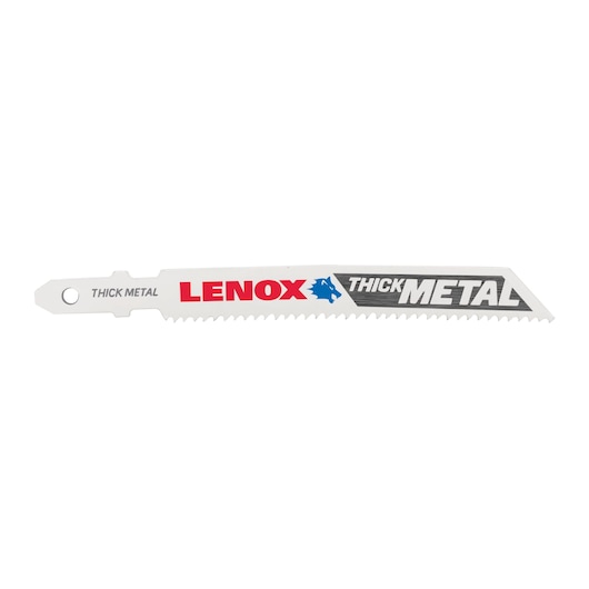 Photo of LENOX 1991596 thick metal reciprocating saw blade, white with red, blue, and gray branding, side angle.