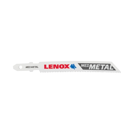LENOX reciprocating saw blade for medium metal, white with red and blue logo, side angle, 1991598.