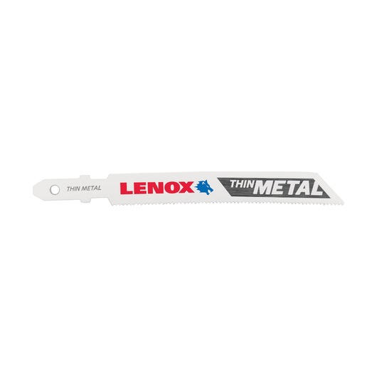 Photo of LENOX 1991601 thin metal reciprocating saw blade, white with red and black text, side view.