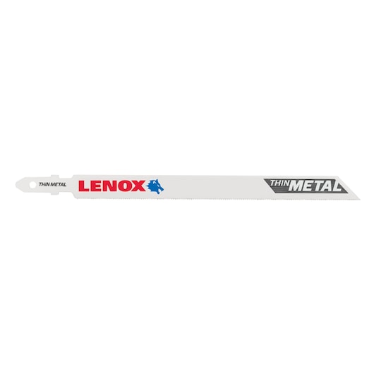 Photo of LENOX 1991604 thin metal reciprocating saw blade, straight angle, white with red and blue branding.