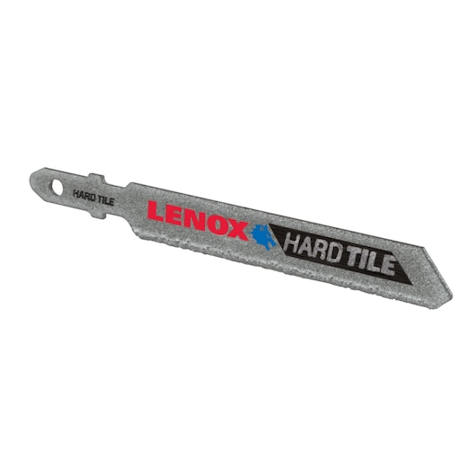 Photo of LENOX hard tile jigsaw blade 1991606, silver blade with red and blue branding, side angle on white background.