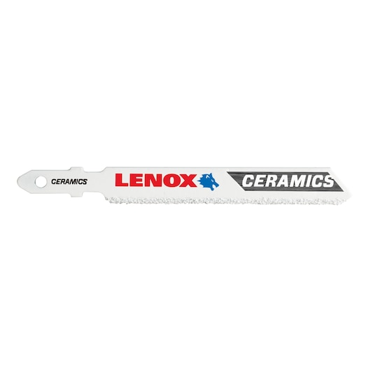 LENOX ceramic cutting jigsaw blade, SKU 1991607, white side view with grit edge.