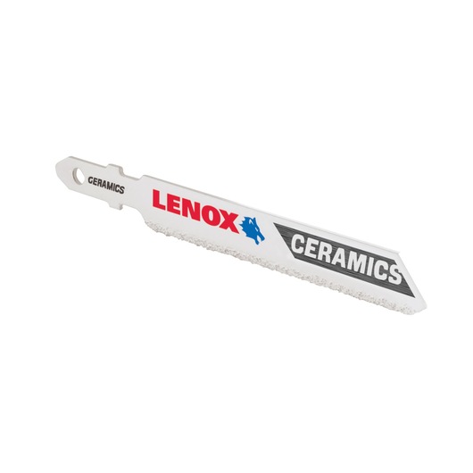 LENOX 1991608 ceramic reciprocating saw blade, white and silver, side angle on white background