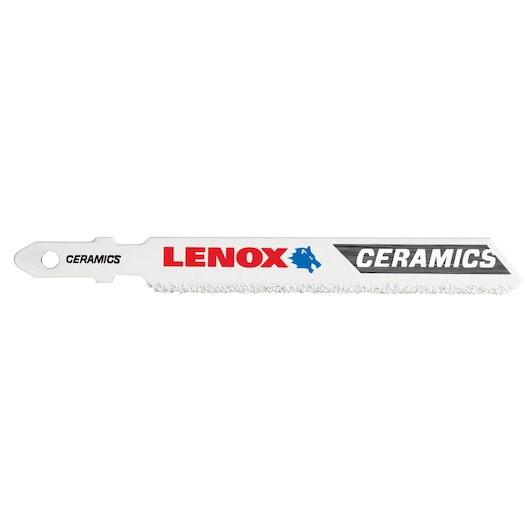LENOX 1991609 ceramics jigsaw blade, white and silver, side view on white background.