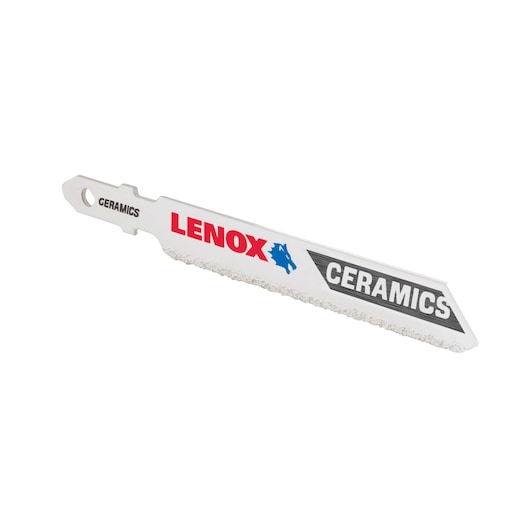 LENOX ceramic reciprocating saw blade SKU 1991609, white blade with grit edge, side angle on white background.