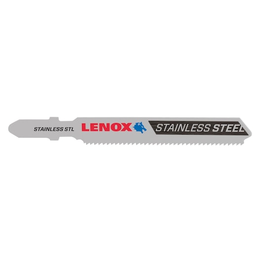 LENOX 1991616 stainless steel jigsaw blade, side angle on white background, black and red branding.