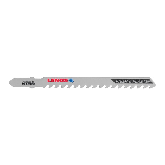 LENOX 1991617 jig saw blade for fiber and plaster, silver with sharp teeth, side view on white background.
