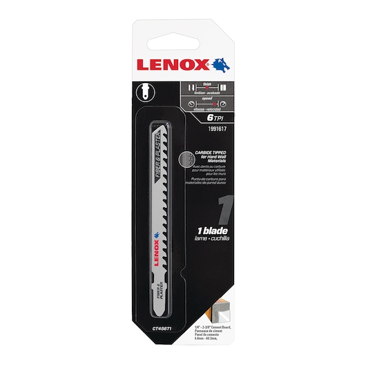 LENOX 1991617 reciprocating saw blade in retail packaging, front angle, black and silver with red LENOX logo.