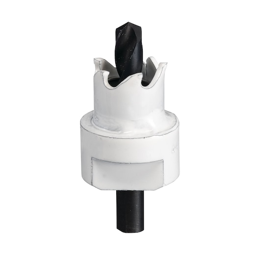 LENOX 2009212CHC hole saw with white body and black center drill, straight-on angle.