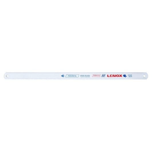 Photo of LENOX 20110018HE bi-metal hacksaw blade with fine teeth, white finish, product shown on a white background.