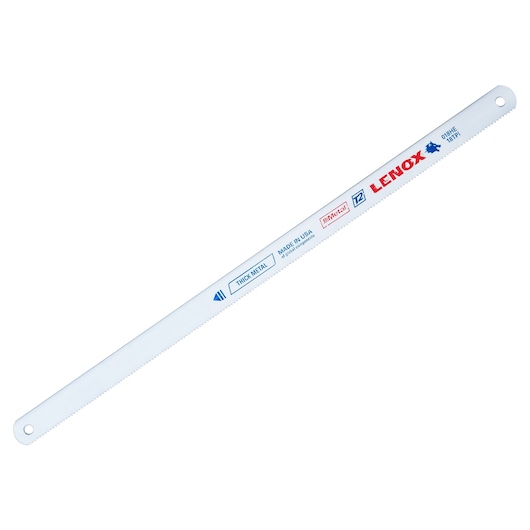 LENOX 20110018HE white bi-metal hacksaw blade with blue and red branding, straight view, for thick metal cutting.