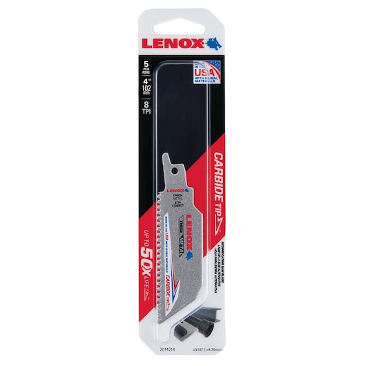 LENOX 2014214 carbide tip metal reciprocating saw blade pack, 5 pieces, front view, white background.