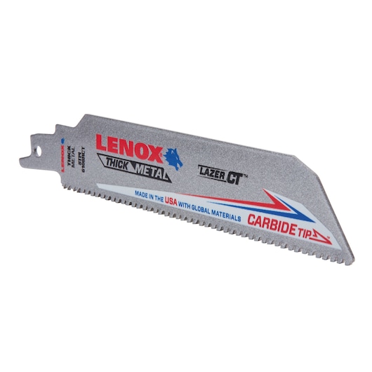 LENOX 2014220 thick metal reciprocating saw blade with carbide tip, angled view on white background.