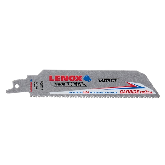LENOX reciprocating saw blade for thick metal, carbide tip, silver color, side angle, SKU 2014220.